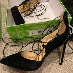 Black suede lace up heels